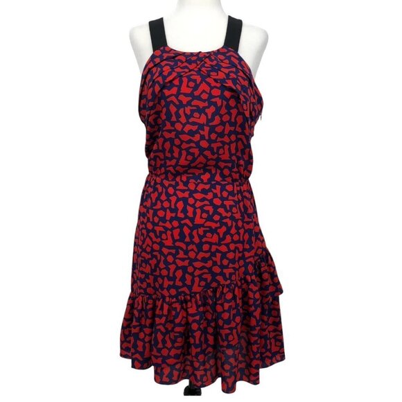 Sandro Paris Red and Blue print keyhole back ruffle hem mini dress 3 (US size 8) - Picture 1 of 16